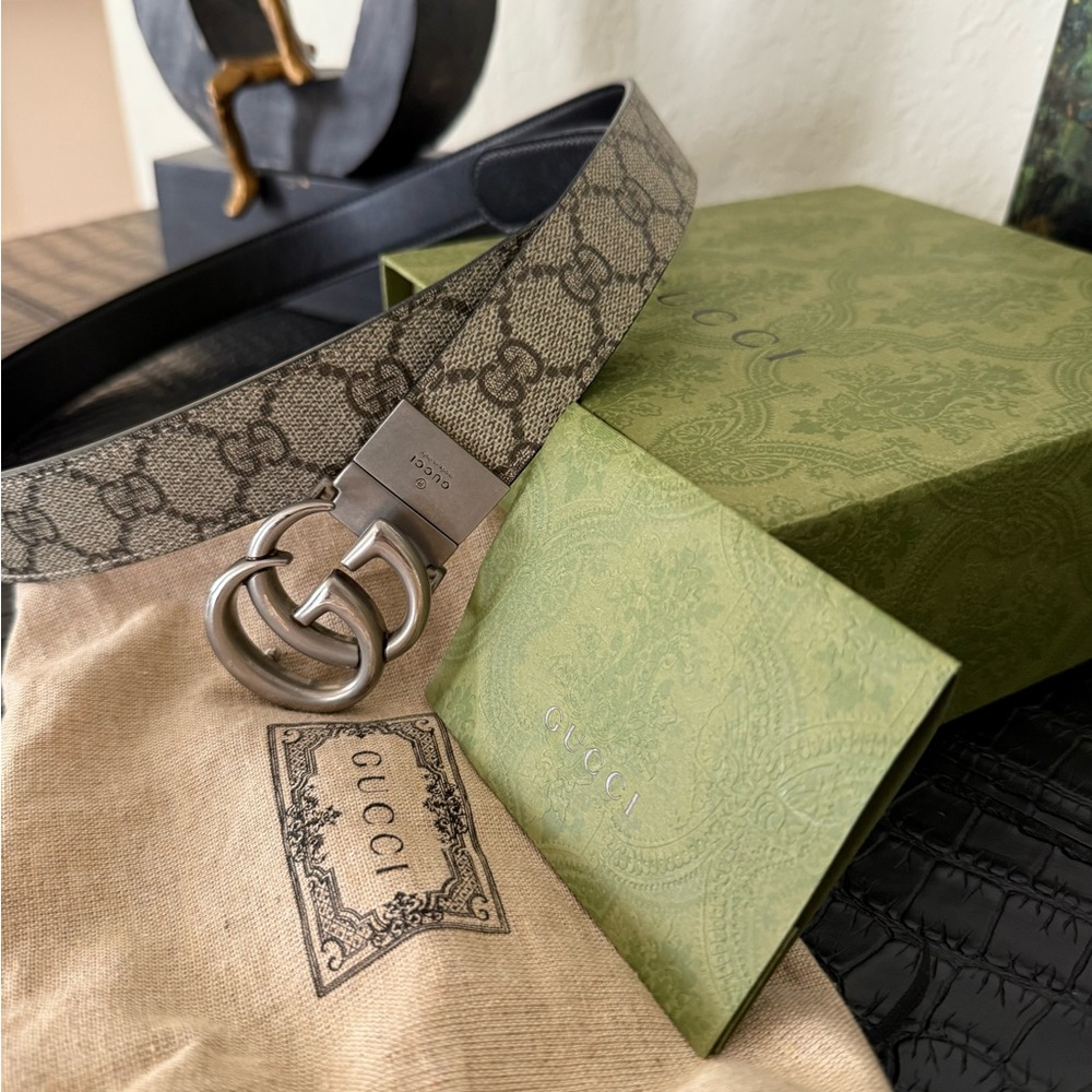 Gucci Reversible Black and Tan Belt with Brushed Silver Buckle